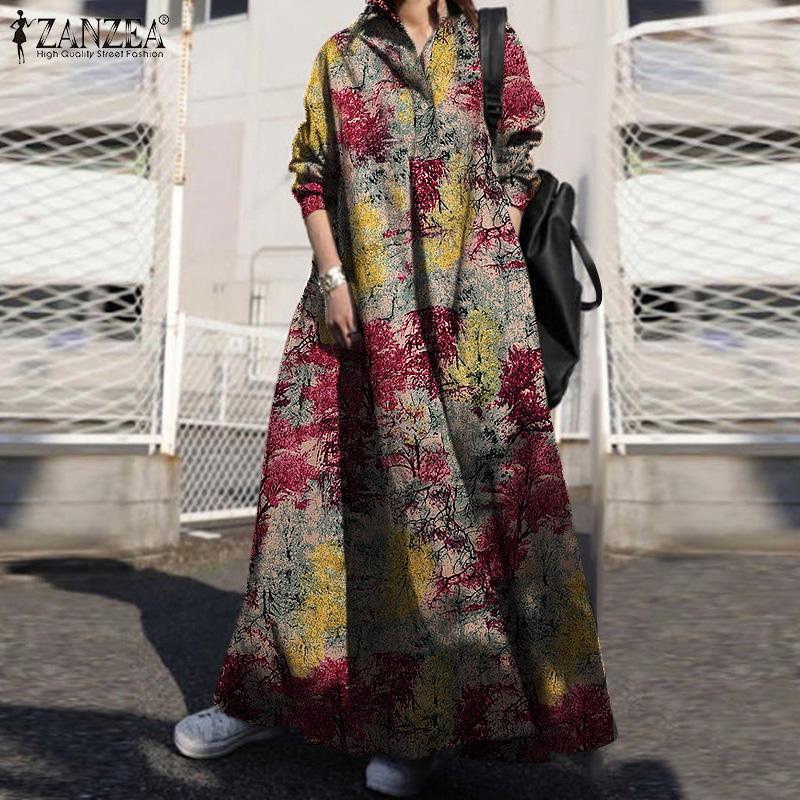 ZANZEA Женское повседневное платье с отложным воротником и принтом на осень с длинным рукавом