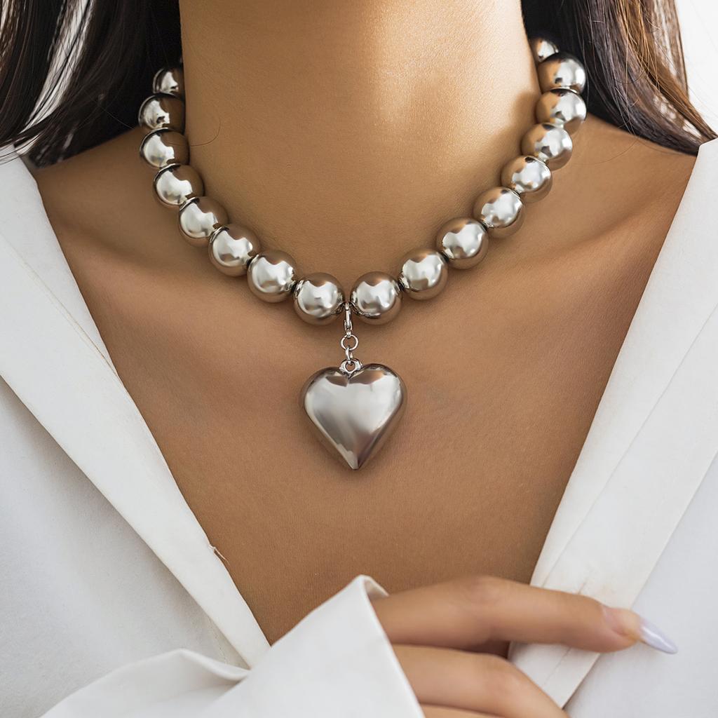 Big CCB Ball Beaded Chain and Heart Pendant Necklace for Women Trendy Choker Collar on the Neck Accessories 2026 Fashion Jewelry
