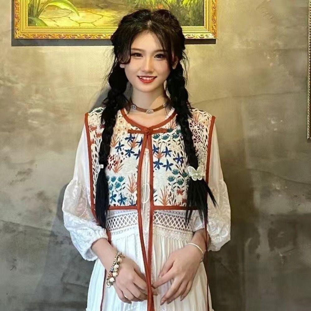 Кейп-накидка с цветочным принтом, с ложным воротником, со шнуровкой на талии, женский вышитый жилет для девочек