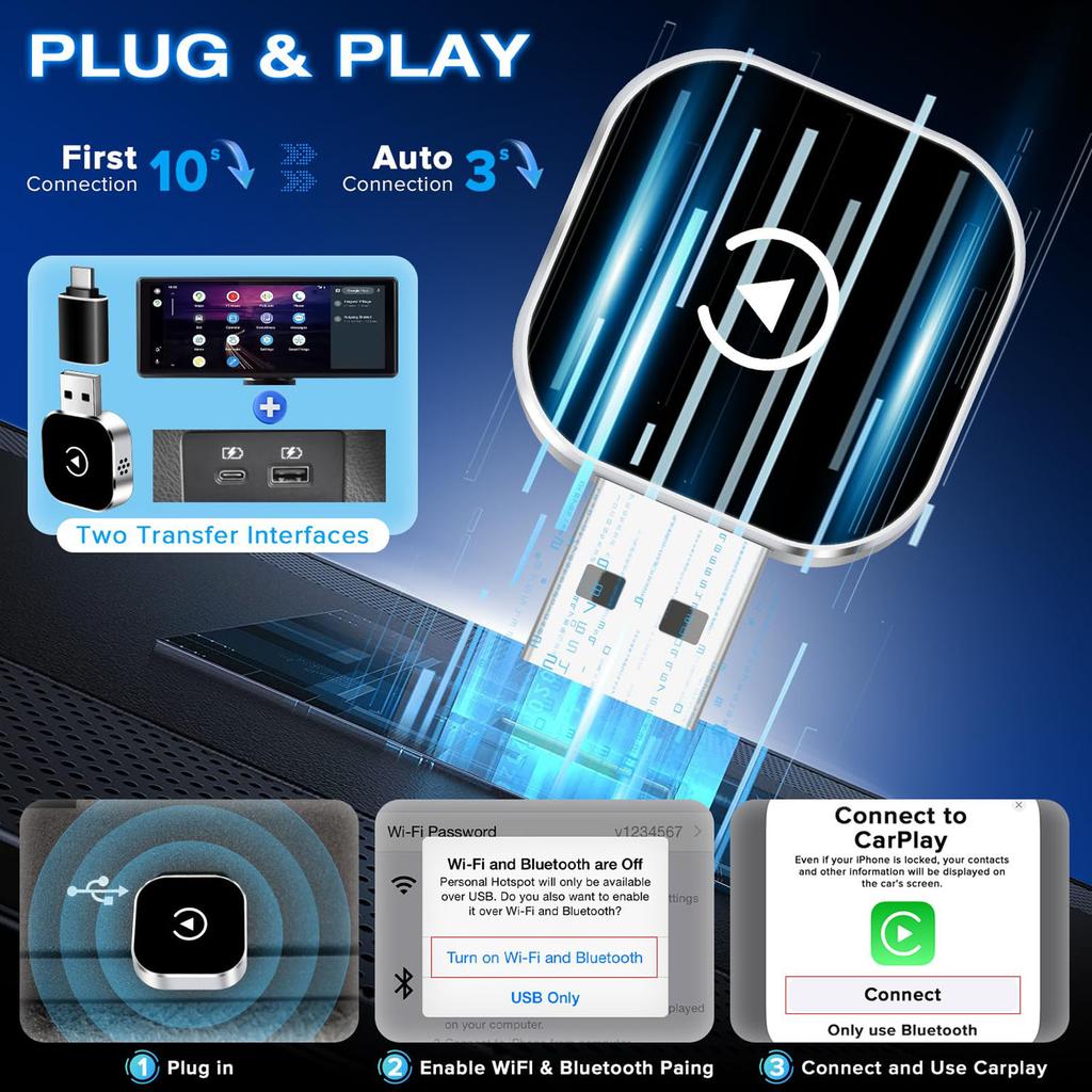 2-in-1 Wireless Android Auto Adapter, Plug Play Converts Wired To Wireless, Fast Auto-Connect, No Delay