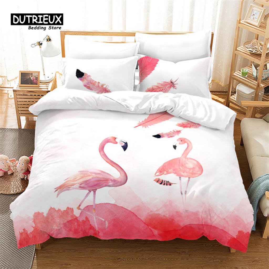 Soft Flamingo 3D Print Bedding Set Fresh Style Cartoon Animals Green Leaves Tropical Fruit Floral Duvet Cover With Pillowcases