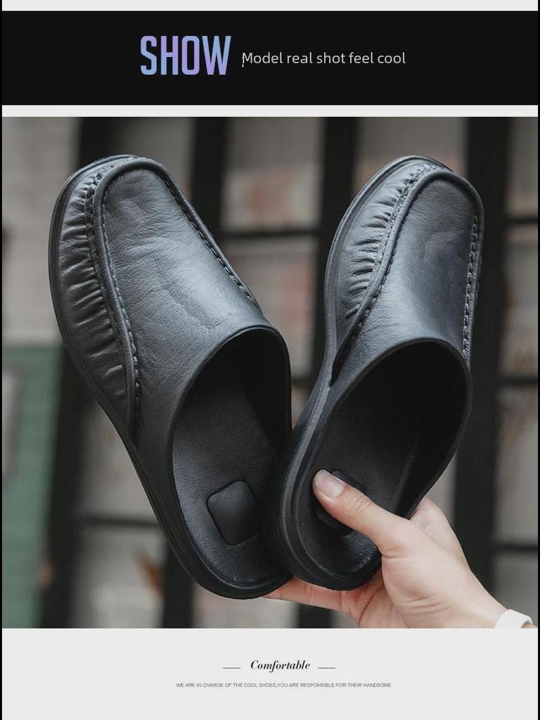 Men's Fashionable Leather Closed-Toe Slippers: Lightweight, Large-Size, Versatile for Home Leisure.
