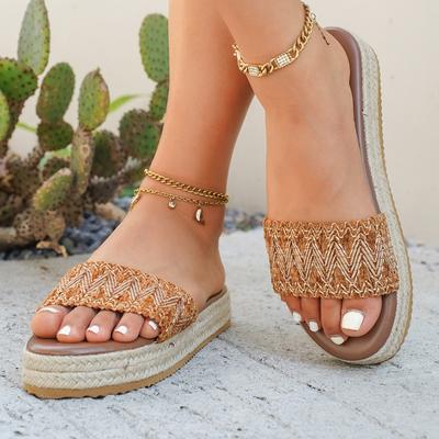 Мода Мода Шлепанцы на соломенной подошве Летние Новые С круглым носком Открытый носок Платформа Нескользящие Износостойкие Плоские сандалии