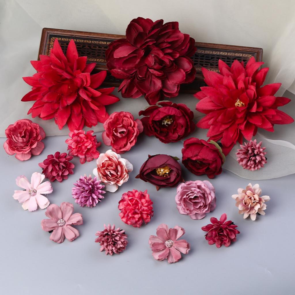 Vintage Flower Hair Clip Set Red Color Series Peony Rose Chrysanthemum Hair Clip For Women Elegant Hanfu Hair Accessories