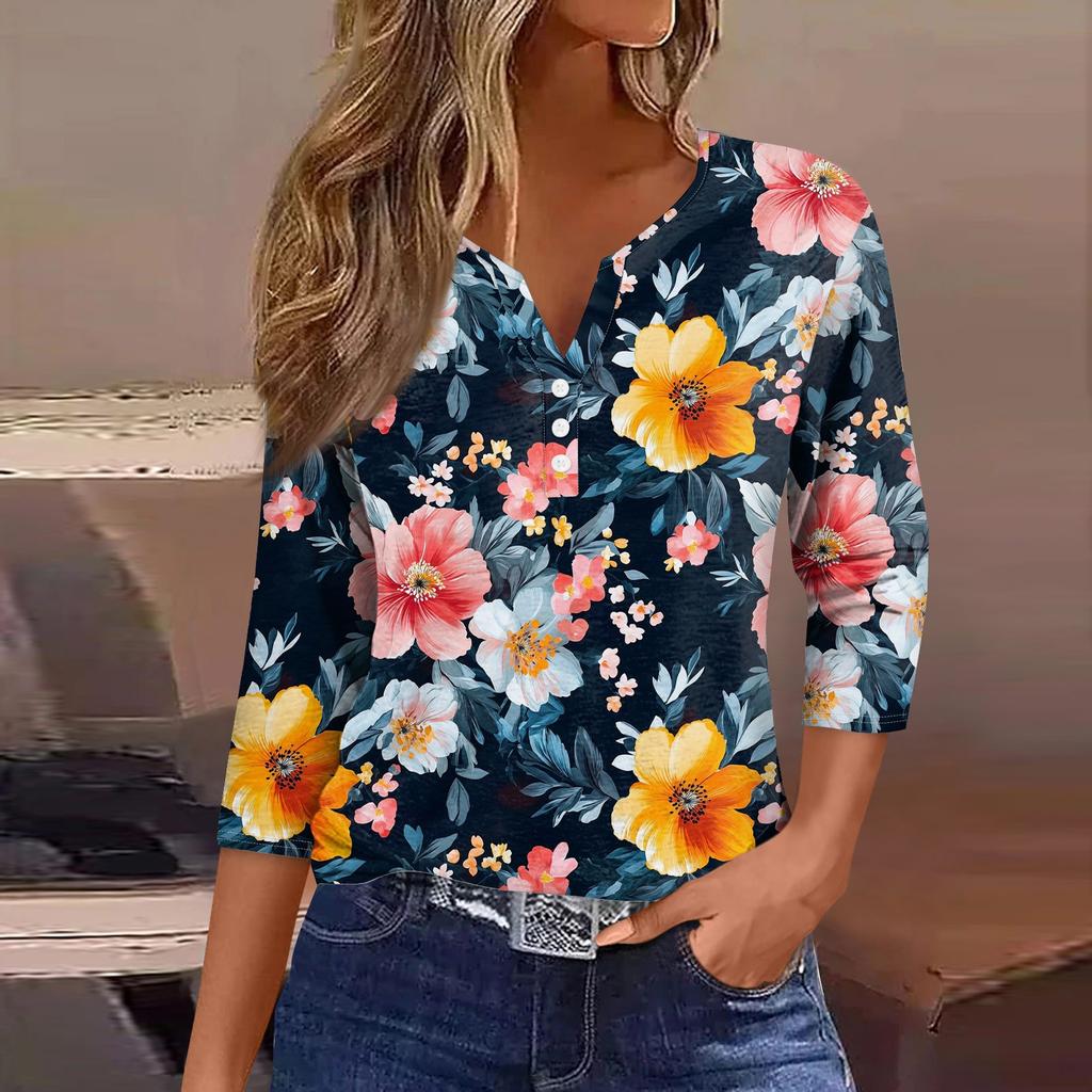 Женский свободный повседневный топ с цветочным принтом и V-образным вырезом с рукавами семь четвертей Топ с V-образным вырезом и рукавами семь четвертей