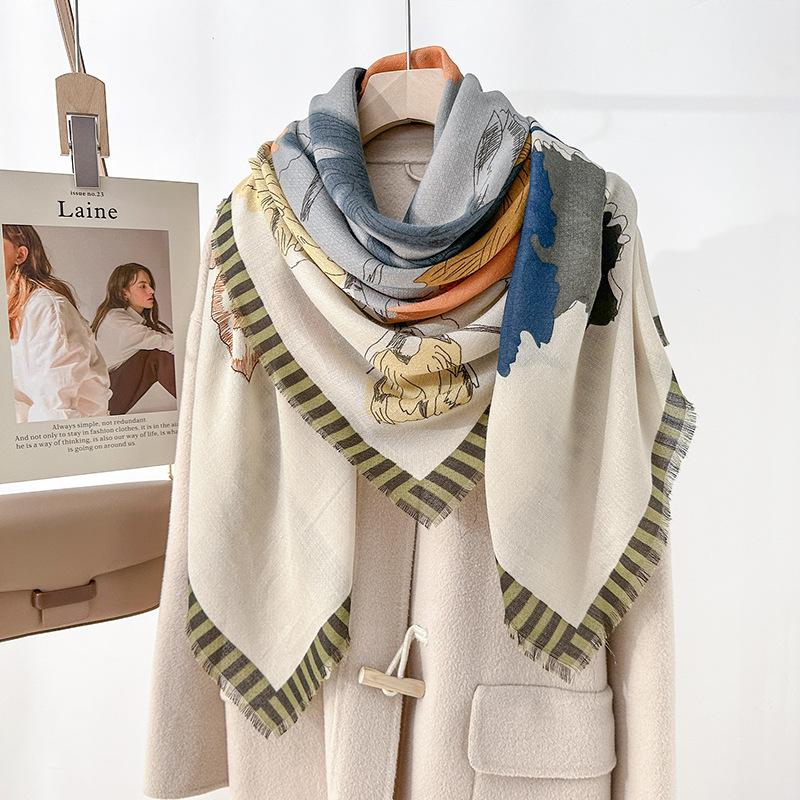 Trendy plant flower printing beard large square scarf niche fashion thin silk scarf