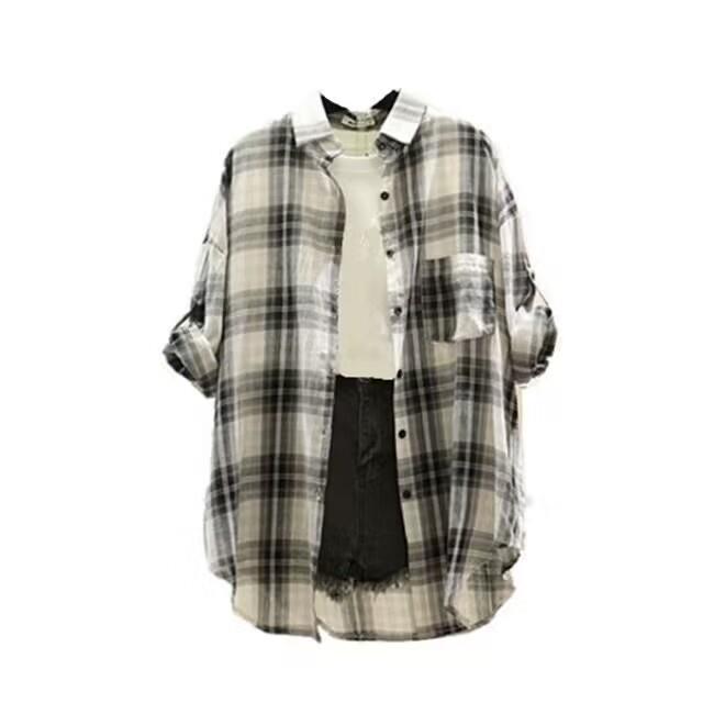 Женская клетчатая рубашка в стиле Харадзюку: Ретро, Средняя длина, Свободный крой, Тонкий, Корейская версия, Универсальный, Длинные рукава.