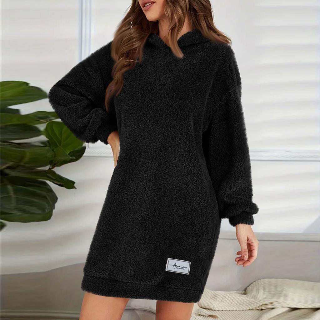 Women's Fashion Hooded Long Sleeve Plush Dress Solid Color Casual Sweatshirt