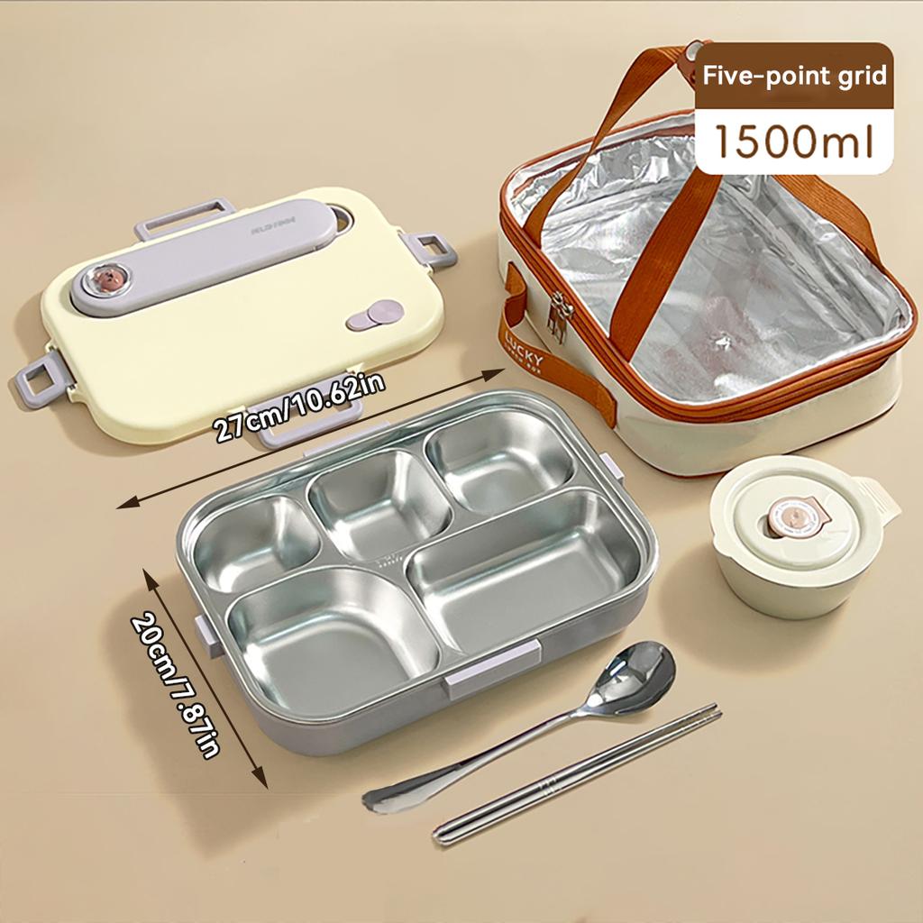 4/5 Grids Portable Bento Box With Bowl & Cutlery 304 Stainless Steel Divided Lunch Box Microwave Heatable Lunch Container Set