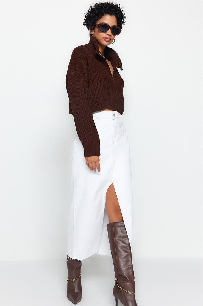 Женский свитер в элегантном стиле, суперукороченный трикотаж с застежкой-молнией и камнем