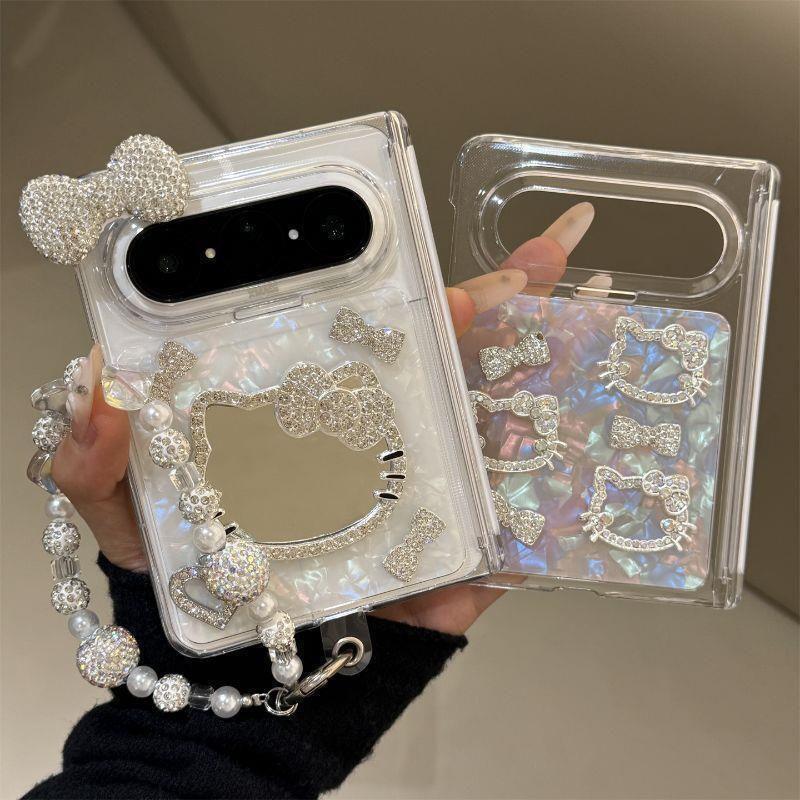 Kawaii KT Cat Makeup Mirror Phone Case Pura X Max Foldable Dual Hinge Shockproof TPU Cover With Chain