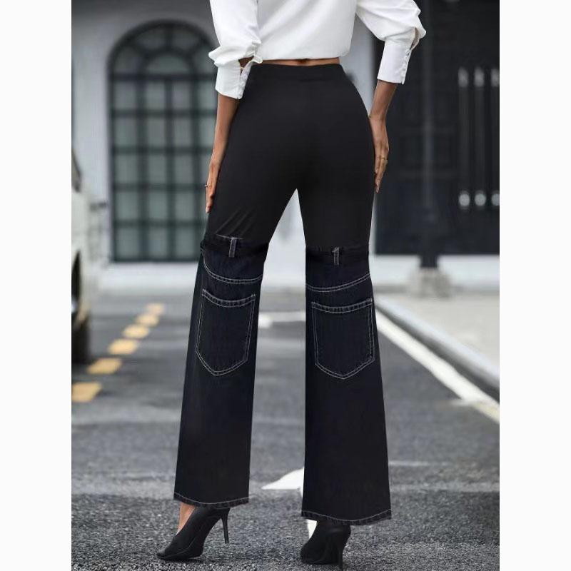 Spring Ladies Fashionable Slim Denim Spliced Wide Leg Casual Pants