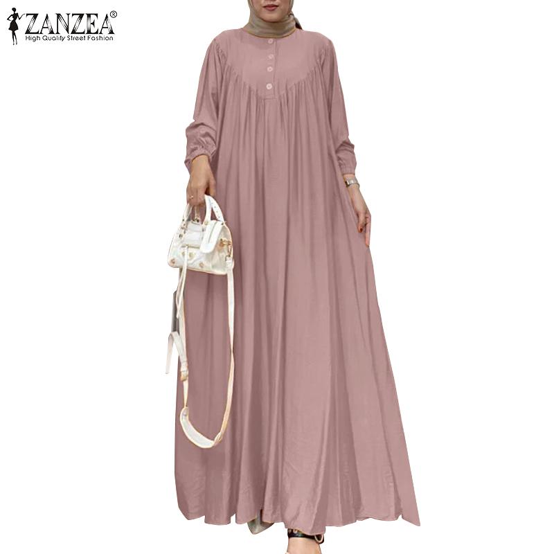 ZANZEA Женское повседневное свободное платье макси с длинным рукавом и круглым вырезом