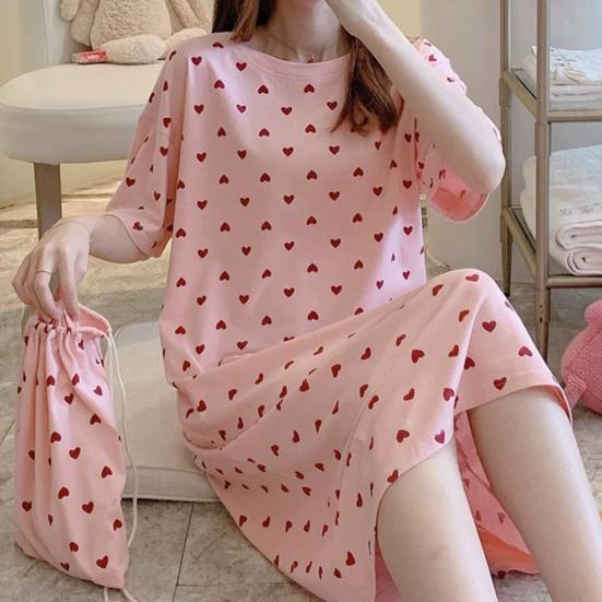 Beautiful Sleeping Dress Breathable Relaxed Comfortable Girls Sweet Pink Heart Print Summer Nightdress Home Wear