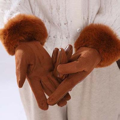 Fleece Lined Leather Gloves Suede Fabric Thermal Handwear Winter Mittens Snow Travel