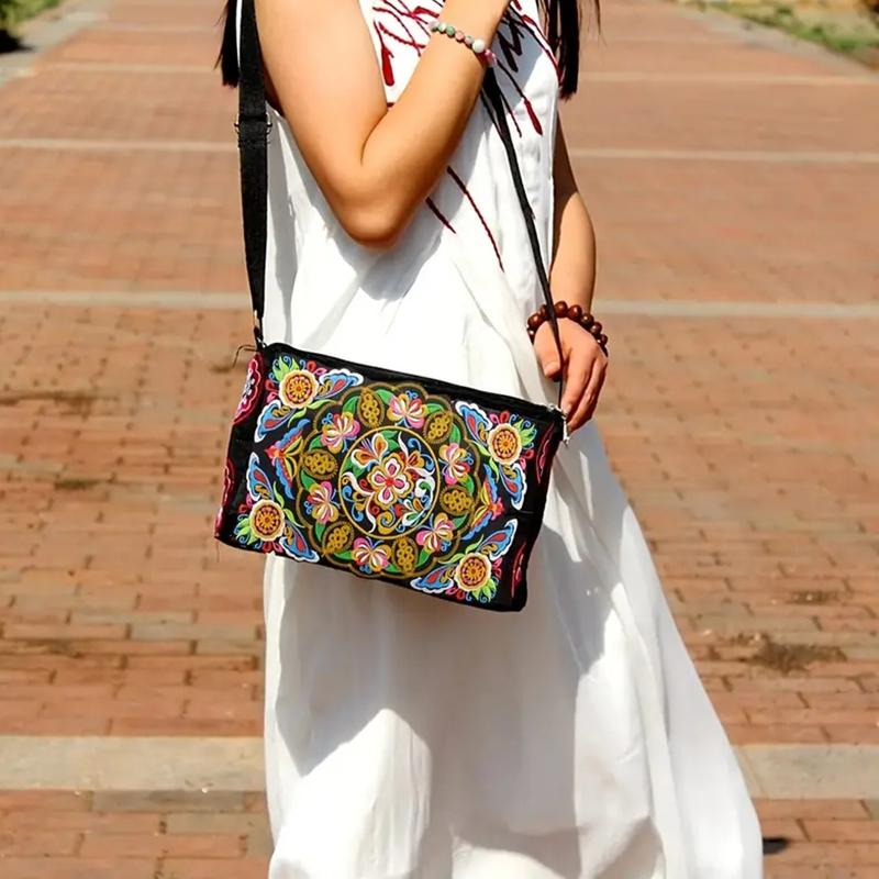 Yogodlns Сумка на плечо Юньнань, сумка с вышивкой в ​​этническом стиле, сумка через плечо, женская сумка, увеличенная тканевая сумка на три молнии, большая вместительная квадратная сумка
