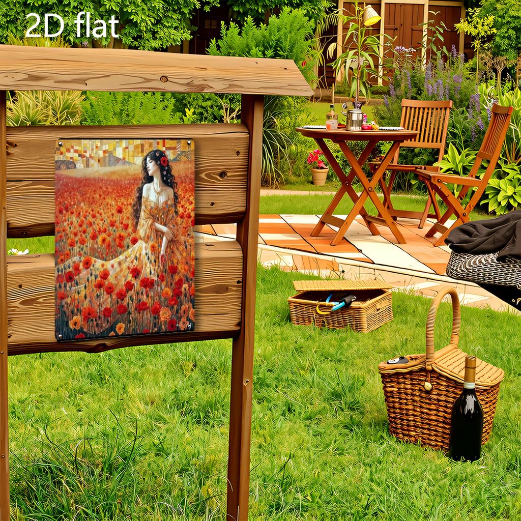 2D Плоский, 1 шт. Настенное искусство «Цветочное поле Женщина» - Металлическая жестяная табличка, 20,32x30,48 см, Подвесной декор для помещения/улицы, Яркий Ре