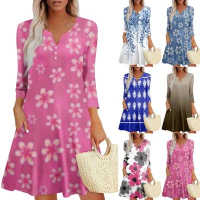 Женское летнее платье, свободное платье с V-образным вырезом, рукавом три четверти и карманами