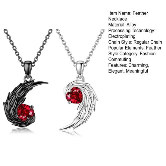 Feather Couple Necklace Red Rhinestone Feather Pendant Matching Necklace Valentine's Day Jewelry Gifts for Women Men