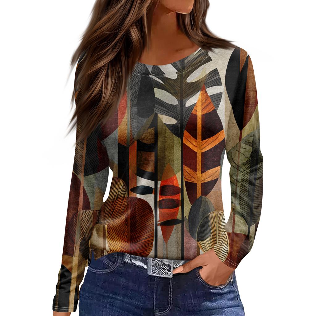 Женская модная блузка с разрезом по подолу, повседневная, в стиле ретро, с цветочным принтом, круглым вырезом и длинными рукавами