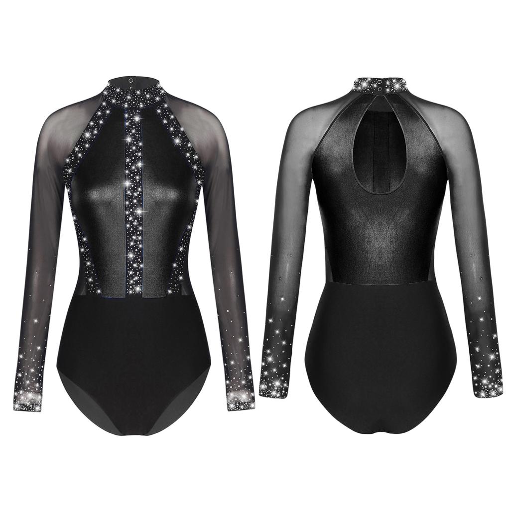 Женский сверкающий трико со стразами, прозрачное сетчатое боди с вырезом на спине и длинными рукавами для гимнастики, танцев, фигурного катания
