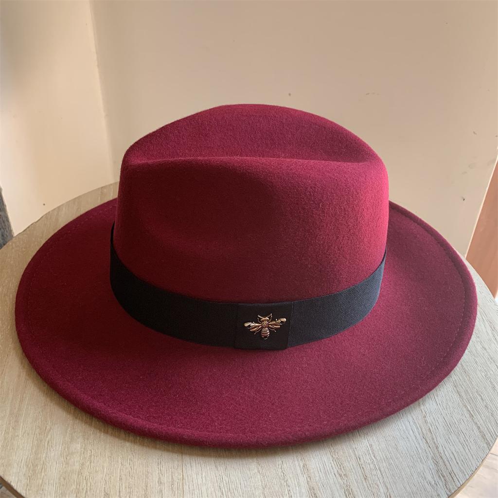 New French Wool Topper Hat with Big Brim Showing Face for Women's Little Bee British Style Versatile Jazz Hat