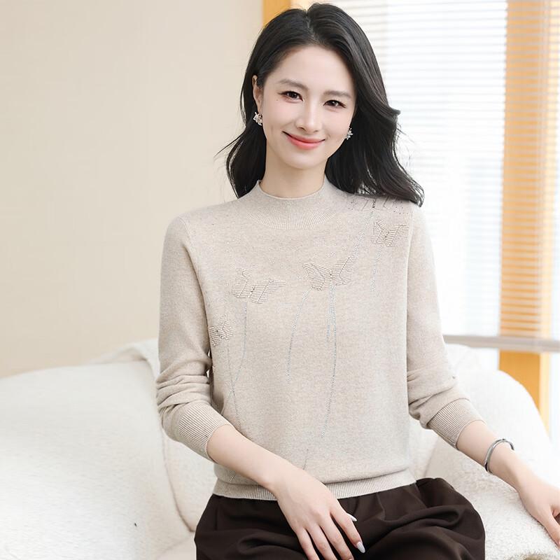 Hengyuanxiang Women's 100% Wool Half-High Collar Knit Sweater