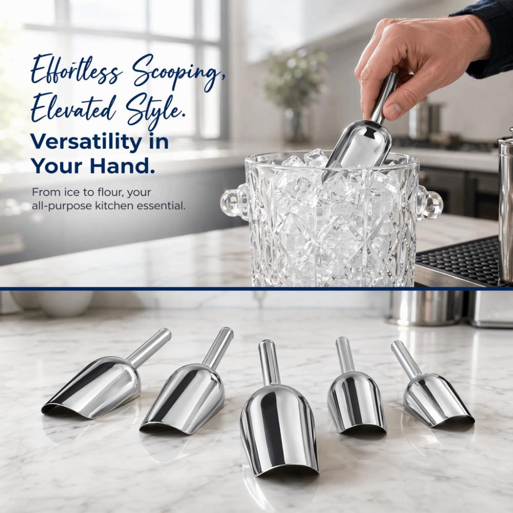 5PCS Silver Metal Scoop Set Stainless Steel Ice Scoop Set Premium Scoops Set Party