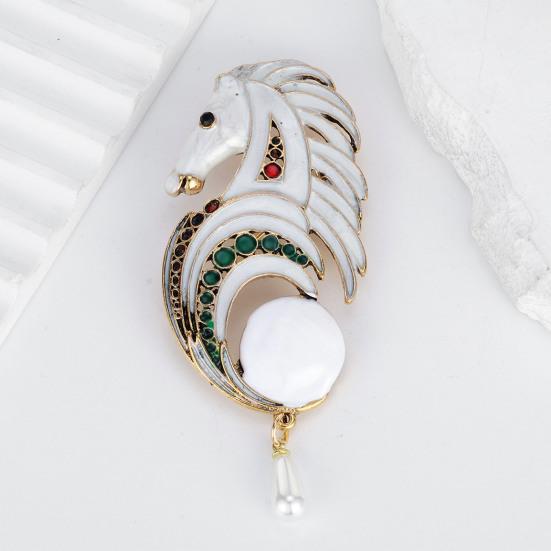 Эмалевая брошь Белая лошадь Ретро брошь на лацкан Лошадь с подвеской из искусственного жемчуга Животное Брошь-булавка Аксессуар для платья Костюма Подарок для нее него