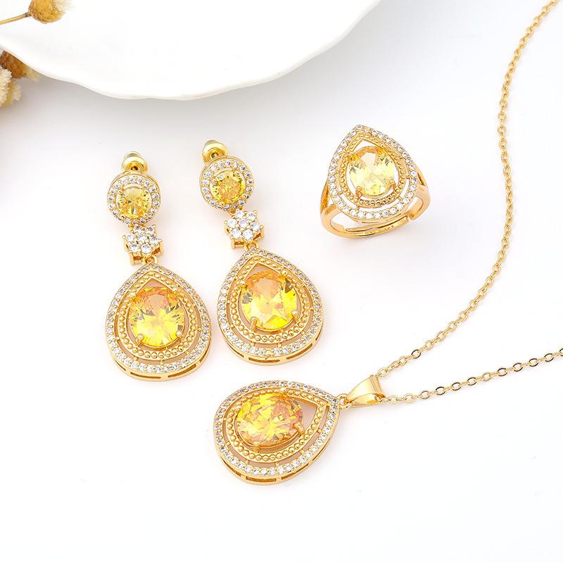 European and American Water Drop Zircon Three-piece Necklace, Earrings, Ring Set, Multi-color Bridal Wedding Fashion Jewelry