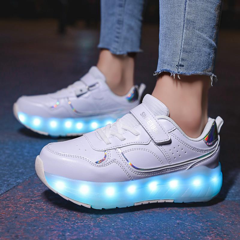 Kid's Lights Sports Shoes Rubbing Shoes Solid Magic Patch Can Charging Double-row Four-wheel Slide Shoes