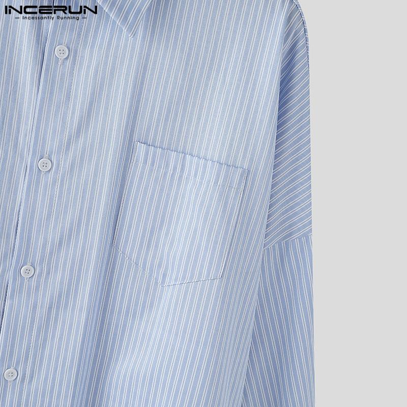 INCERUN Мужские комплекты из двух предметов: рубашка с лацканами, длинными рукавами и полосатым принтом, длинные широкие брюки