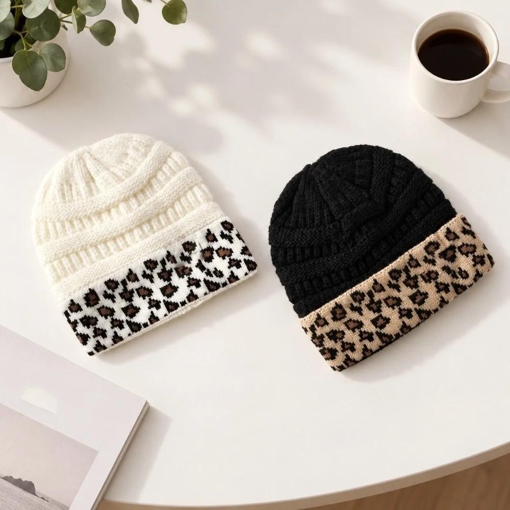 Patchwork Leopard Beanie Elastic Fleece Lined Cap Winter Bonnet Knitted Hat Women