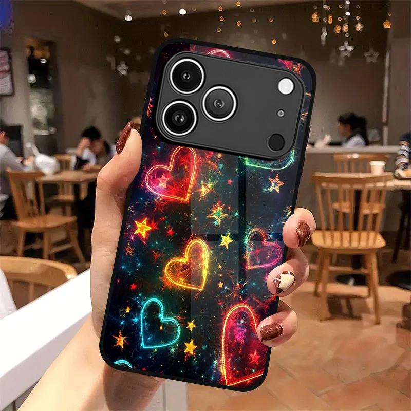 Чехол для iPhone 2D с неоновым рисунком в виде сердца, совместимый с iPhone 17 16 15 14 13 12 11 X XR XS Max Pro 8 Plus, Защитная стеклянная крышка