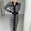 Autumn Winter Women Elegant V-neck Houndstooth Knitted Sweater Office Party Slim Bodycon Sheath Dresses