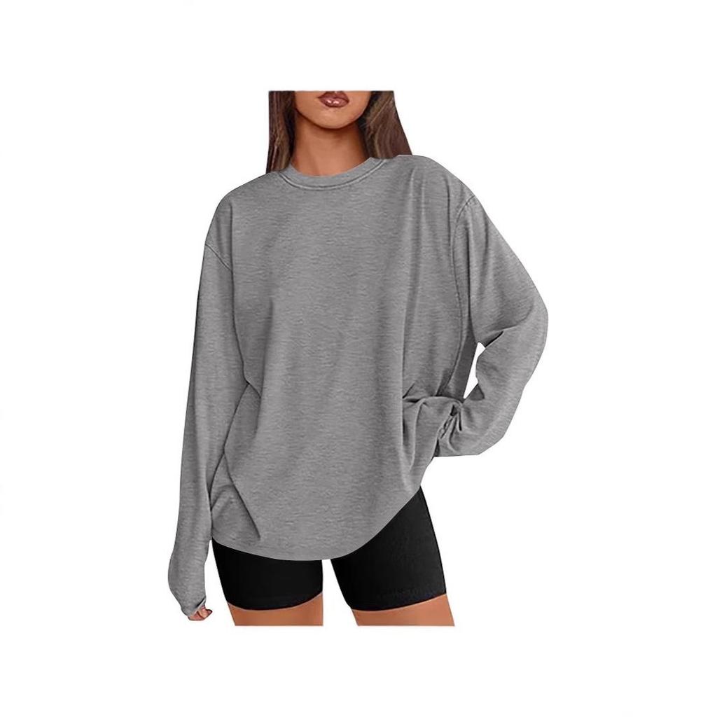 Women's Solid Color Long-Sleeve Round Neck Loose T-Shirt - Spring & Autumn Casual Top