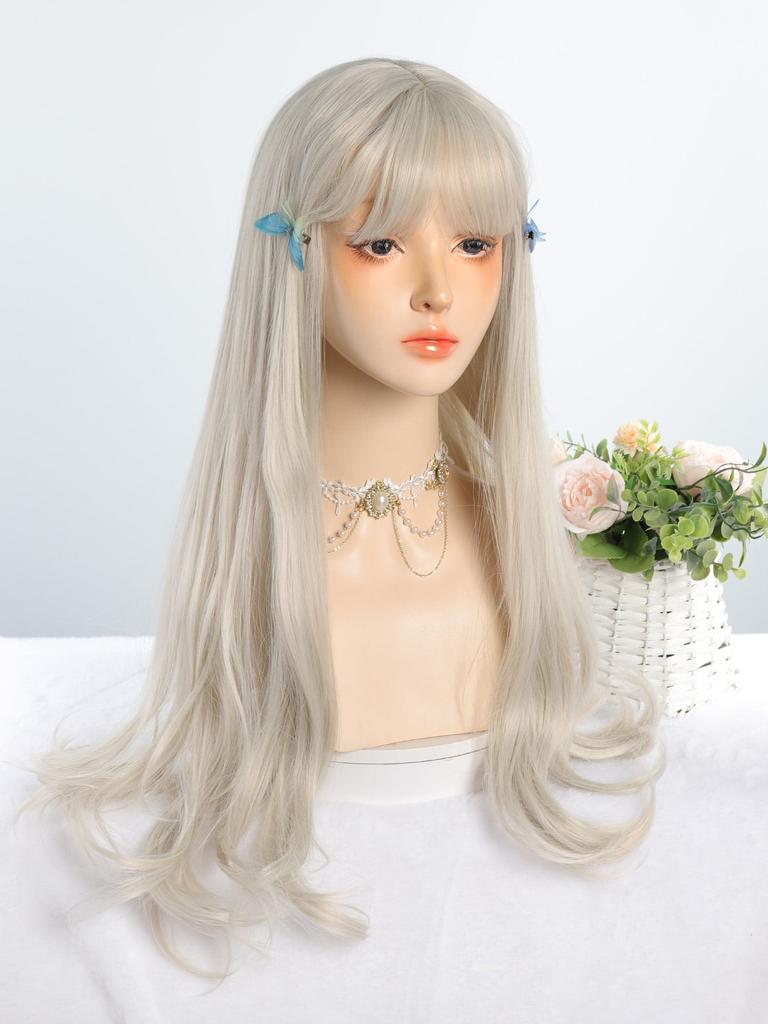 Светло-пепельные синтетические парики для косплея с челкой, длинные, 24 дюйма, длинные, вьющиеся, волнистые, парики Лолиты на Хэллоуин, термостойкие волокна, челка, волосы