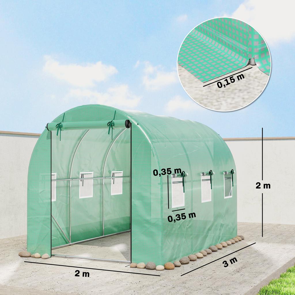 Greenhouse 3 x 2 x 2 m Poly Greenhouse with Roll-Up 2 Zipper Doors & 6 Mesh Windows Support Bars Green
