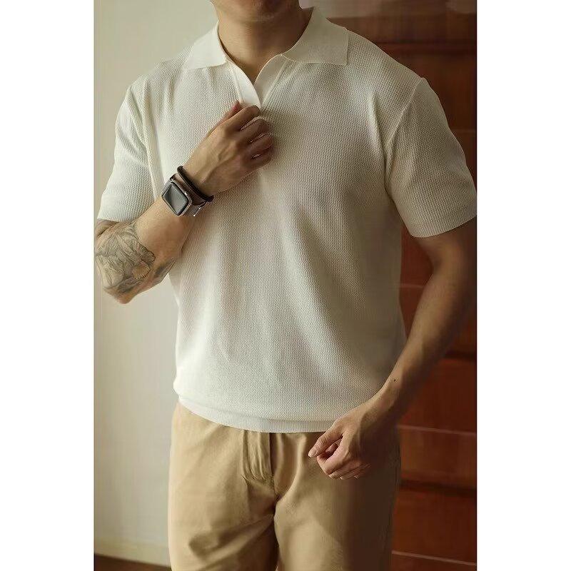 Men's Summer Ice Silk Knitted Slim Fit Polo Shirt - Short Sleeve, Pure Color, Casual Lapel T-shirt