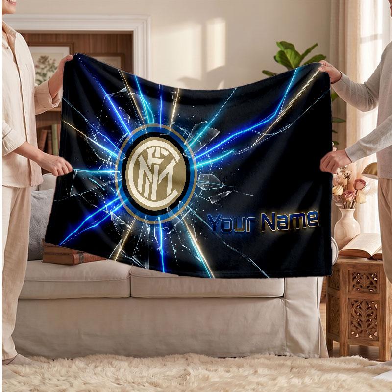 Inter Milan Personalized Fleece Blanket With Football Logo, Custom Name Text Soft Warm Home Throw Blanket