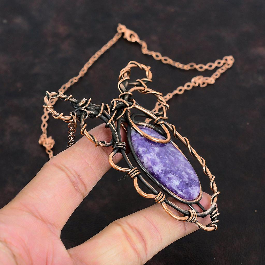 Ожерелье из лепидолита, ожерелье, обмотанное медной проволокой, ожерелье с регулируемой цепочкой, драгоценный камень, медные украшения, элегантное ожерелье ручной работы, антикварные украшения