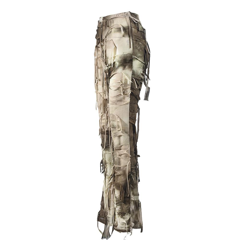 Новые женские джинсы с осенним окрашиванием тай-дай и бахромой, потертый дизайн, бохо, стритвир, повседневные джинсовые брюки с бахромой по низу, художественные мешковатые брюки