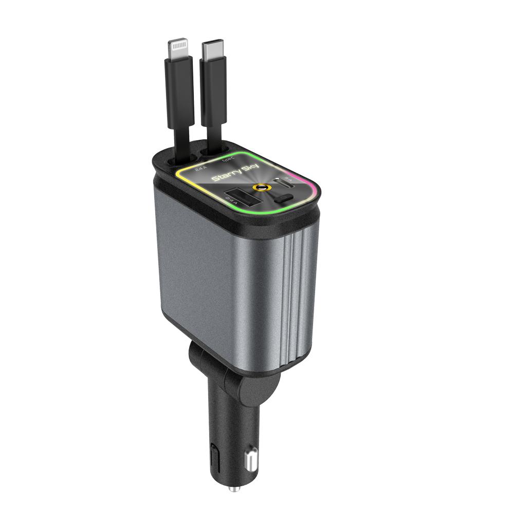 Автомобильное зарядное устройство Starlight 66 Вт USB C Адаптер автомобильного зарядного устройства 4 в 1 Выдвижные 2 USB-порта Быстрое автомобильное зарядное устройство для iPhone 16/15/14/13