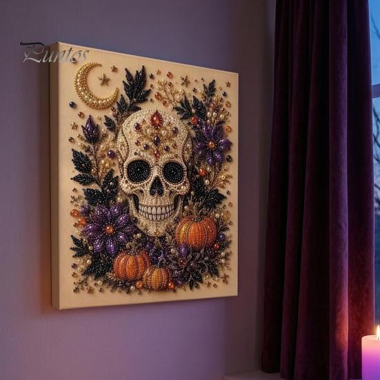 Festive Faux Pearl Art for Home Decor 2Pcs Halloween Art, Ghost Pumpkin Witch Crow Painting DIY Relaxing Arts And Crafts Kit, 3D Skull Craft