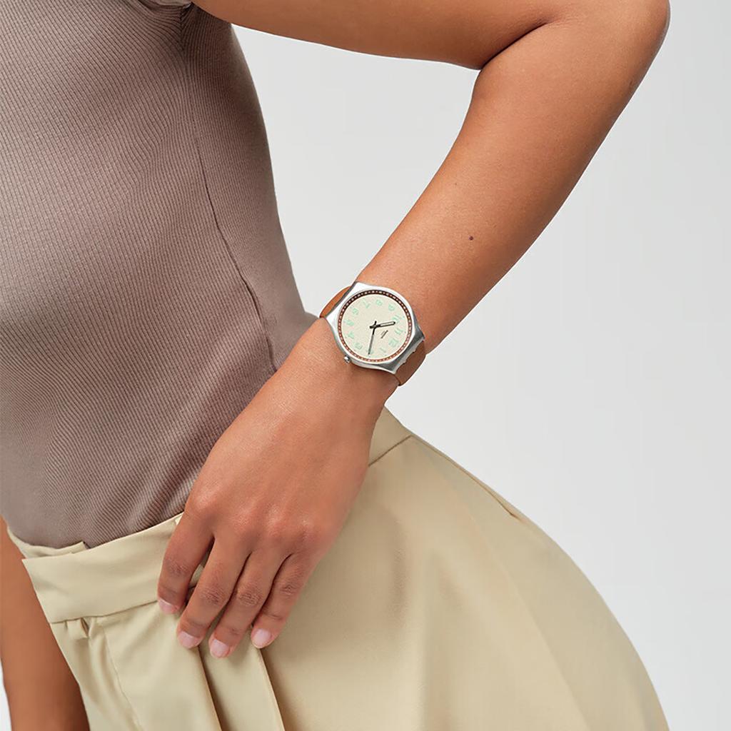 Swatch SKIN IRONY серия кварцевый механизм простой коричневый тон модные светящиеся часы 43 мм бежевый циферблат корпус из нержавеющей стали кожаный ремешок SS07S135