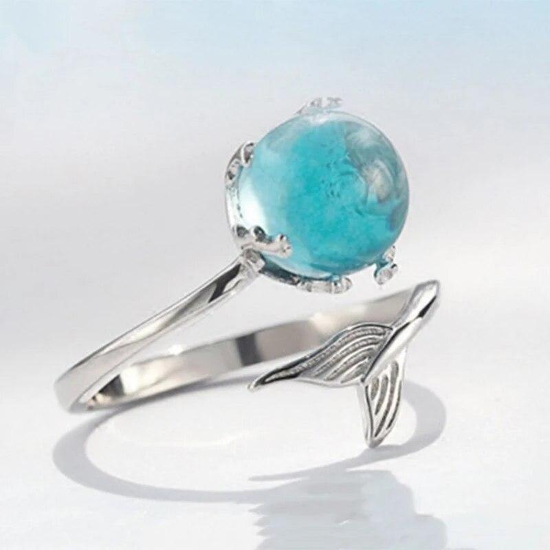 Кольцо с открытым рыбьим хвостом русалки, регулируемое кольцо из синего стекла для женщин