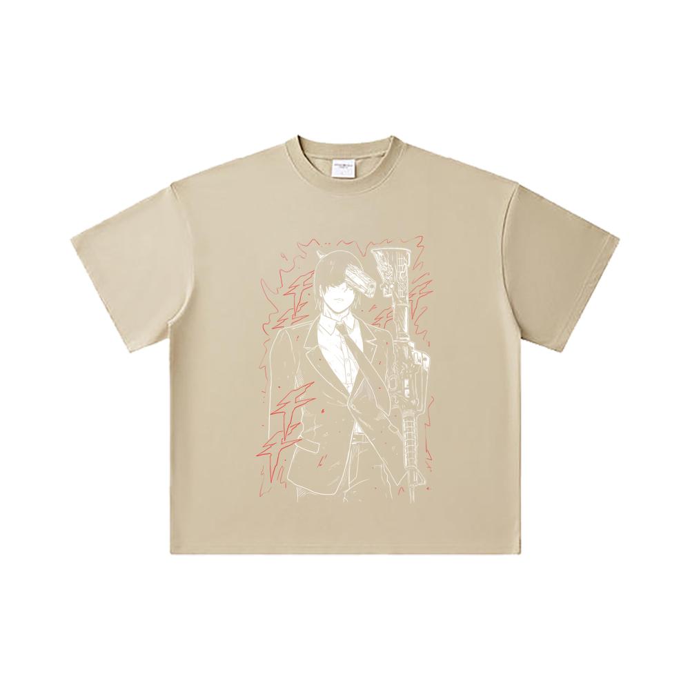 260 GSM Double Yarn 32 Count 100% Cotton Chainsaw Man V30 Gun Devil Print Unisex Heavy Cotton T Shirt