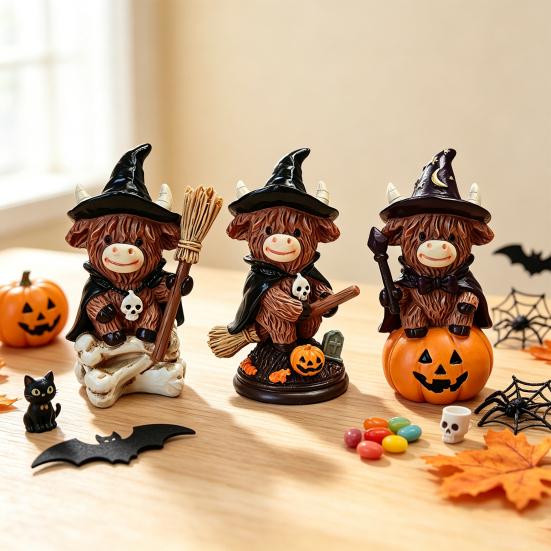 Farmhouse Table Ornaments 2Pcs Halloween Highland Cow Witch Ornament, Resin Figurine with Hat Pumpkin Broom Office Desk Accessories & Skull,