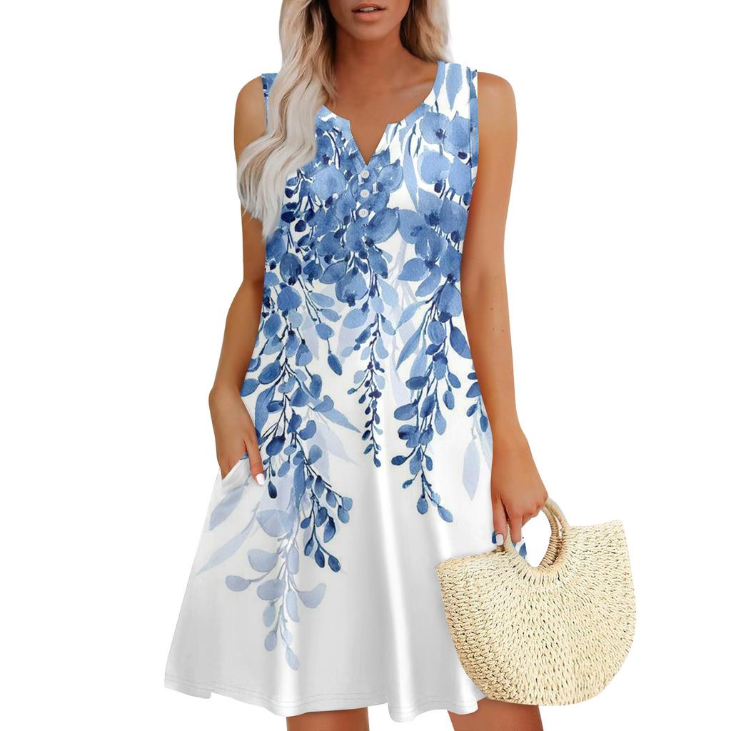 Женские летние платья Свободные сарафаны без рукавов с V-образным вырезом Платье с карманами