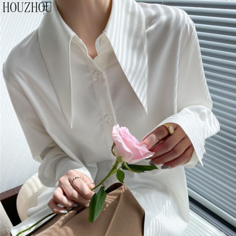 HOUZHOU Шикарная женская рубашка с острым воротником, корейская элегантная ретро-элегантная женская классическая блузка для поездок на работу